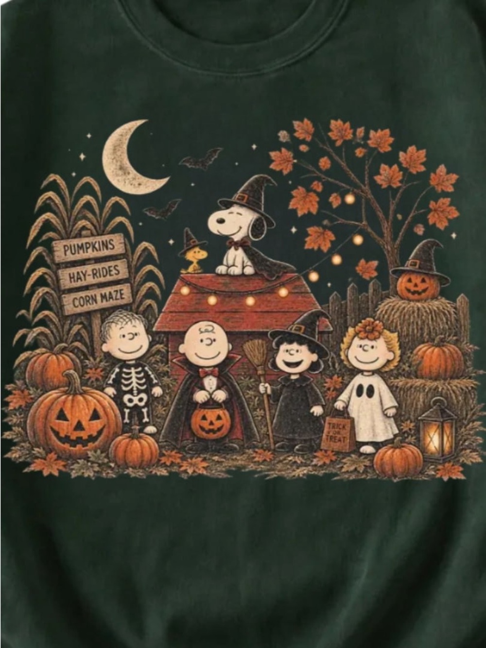 Forest Green Halloween Peanuts Graphic Crewneck Sweatshirt - Picture 2 of 4